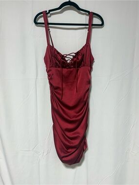 Fashion Nova Lace-Up Satin Chemise in Burgundy